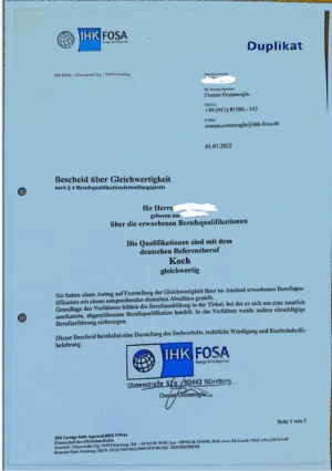 Yiyecek İçecek Hizmetleri Denklik Belgesi